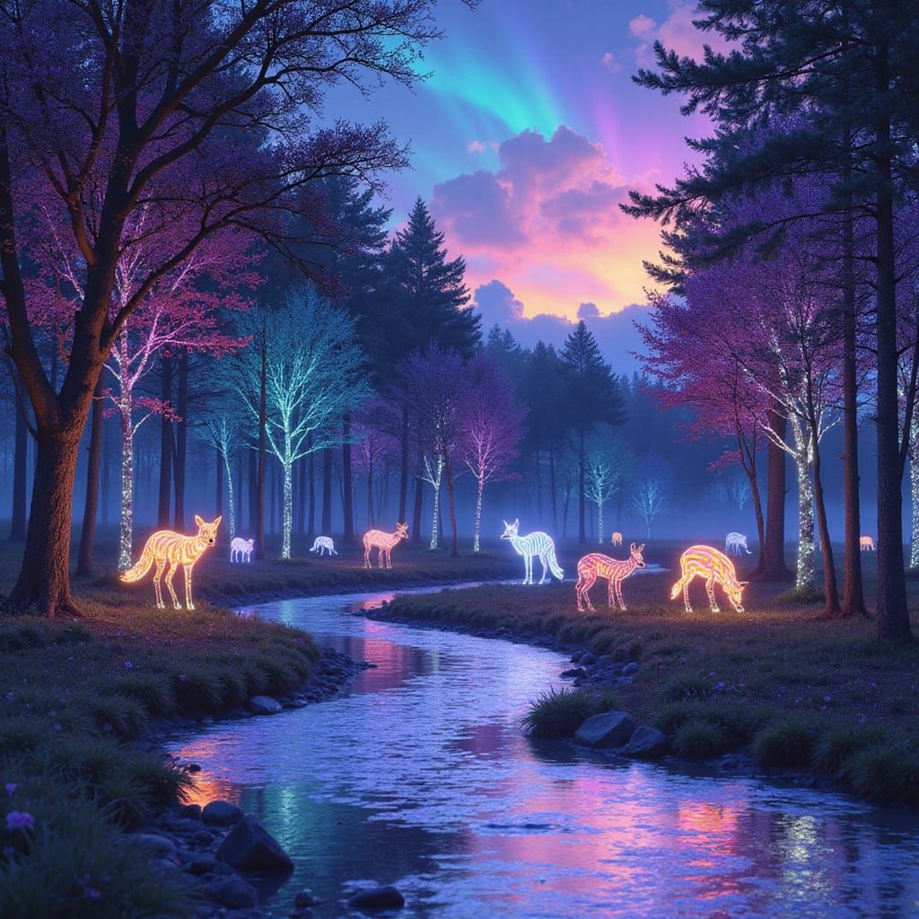 Dreamlike Forest of Neon Creatures