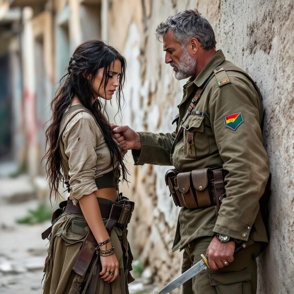 Distressed Soldier in Grim Urban Warfare Scene