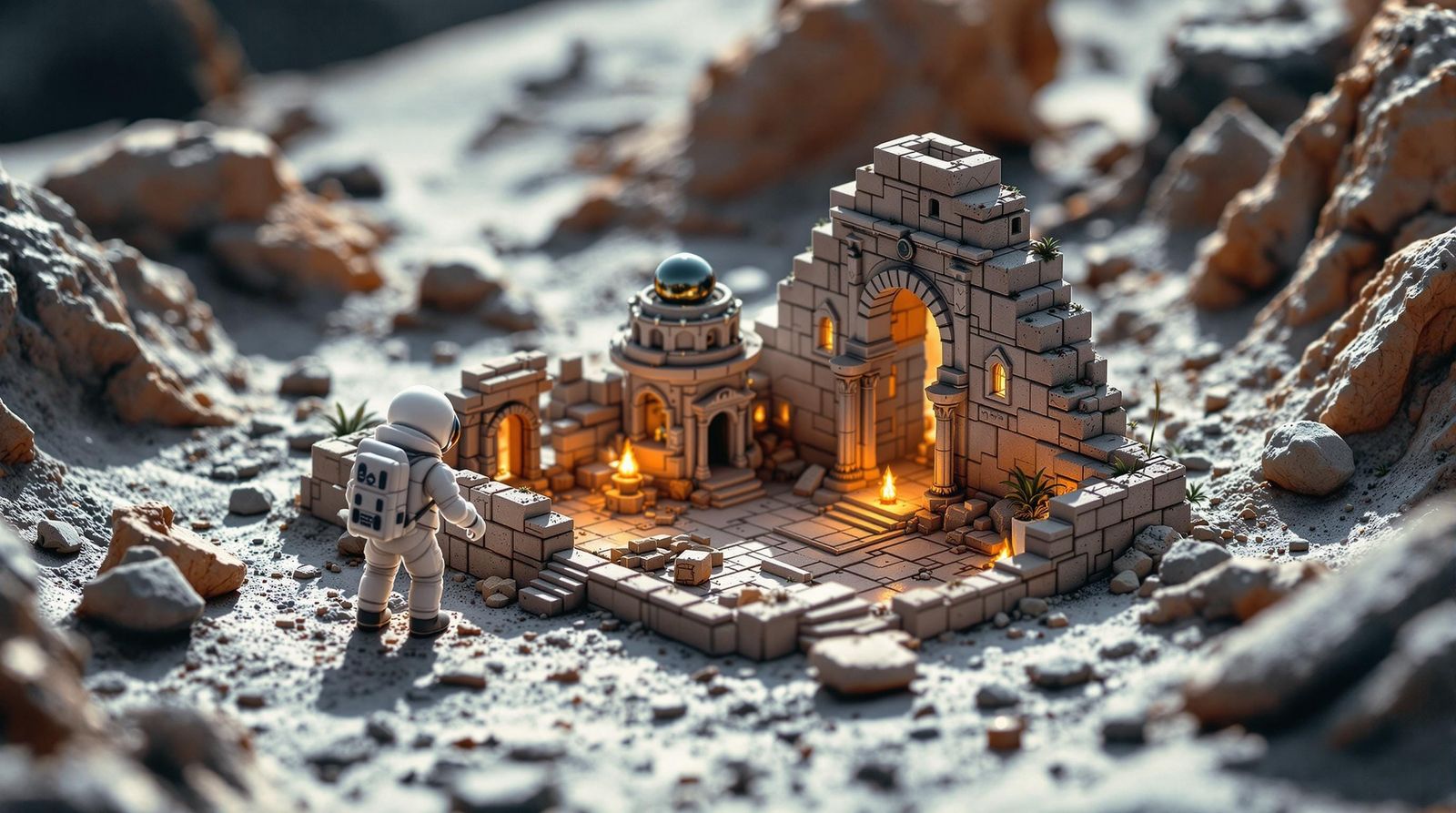 Cute Miniature Astronaut Explores Ancient Lunar Ruins