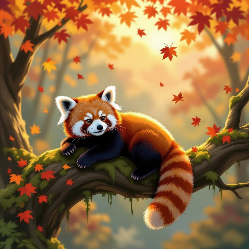 Red Panda Resting on a Branch in Autumn Splendor