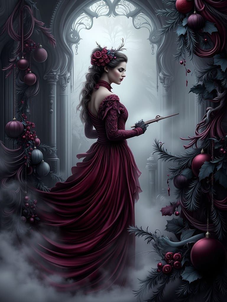 Gothic Woman in Mist with Clockwork