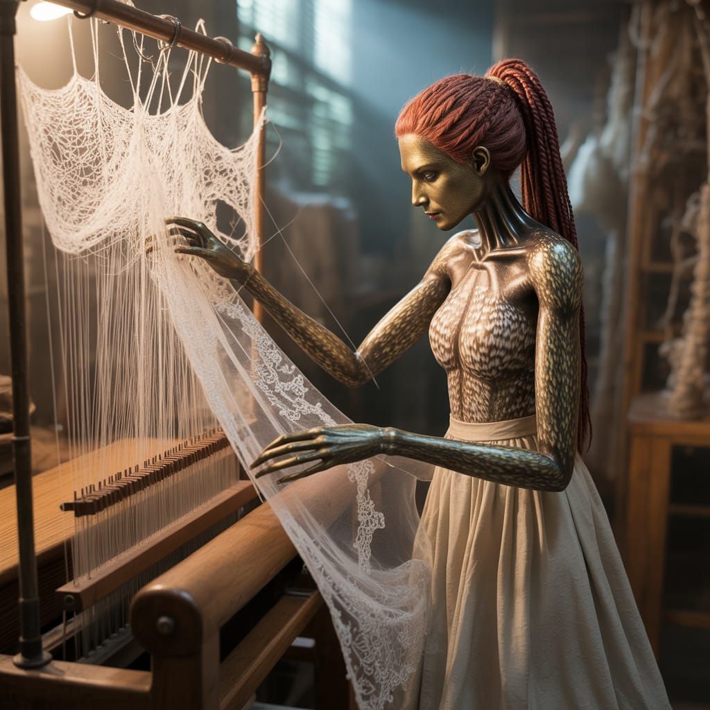 Mother Spider Weaving Wedding Veil at Antique Loom