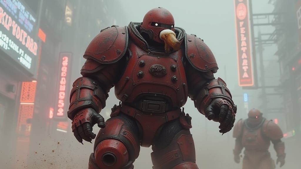 Cyberpunk Juggernaut Chugging Beer in Neon City