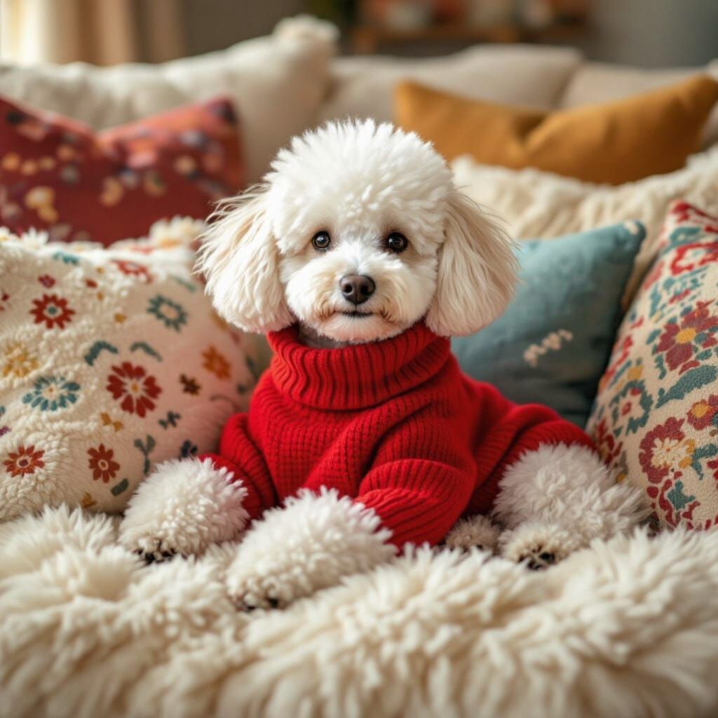 Poodle Mix in Red Sweater, Ghibli-esque Style