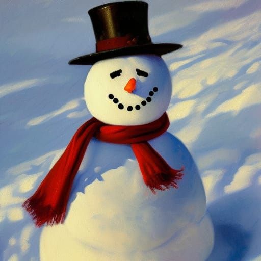 Sunlit Snowman in Oil Painting Style