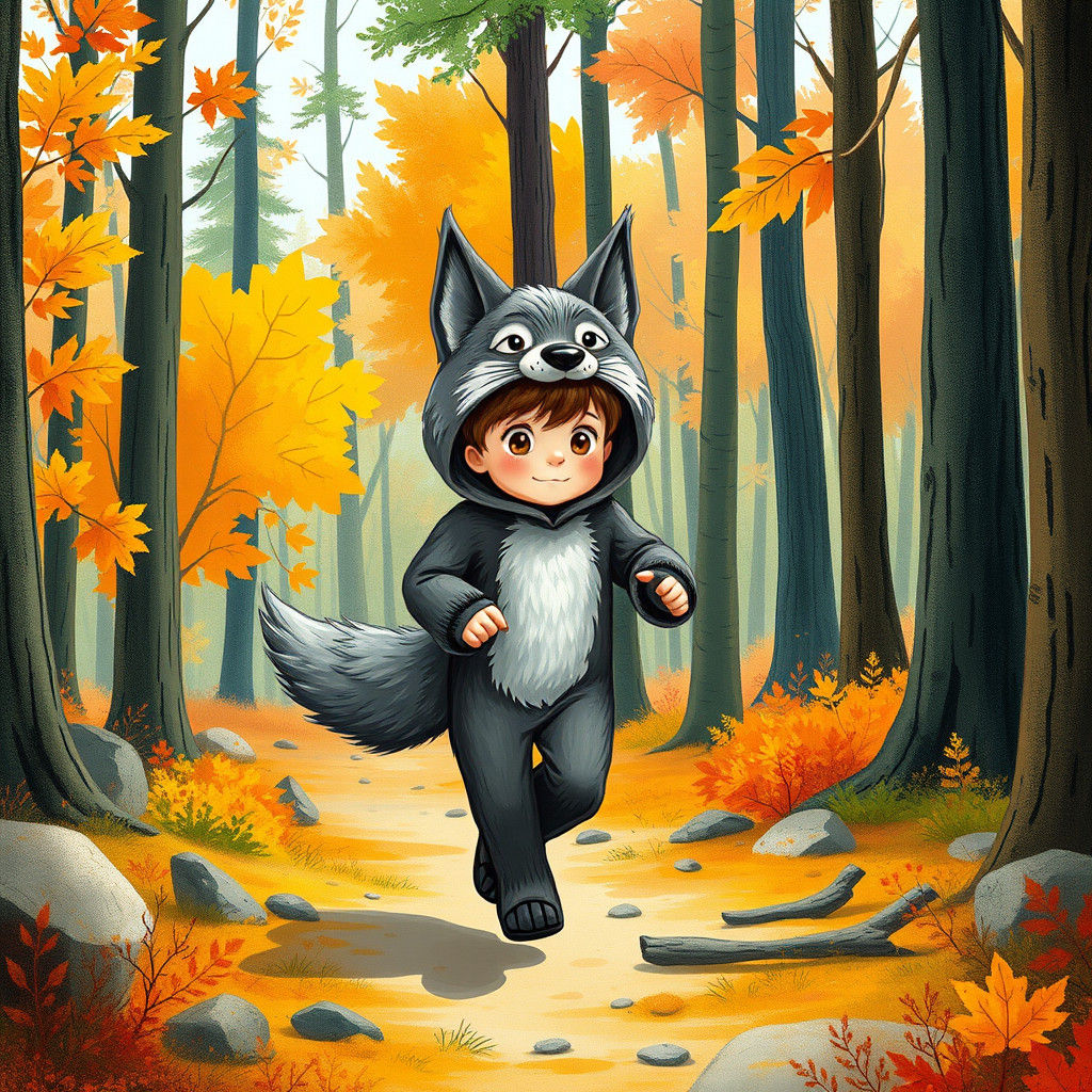 Whimsical Forest Adventure: Boy in Wolf Costume