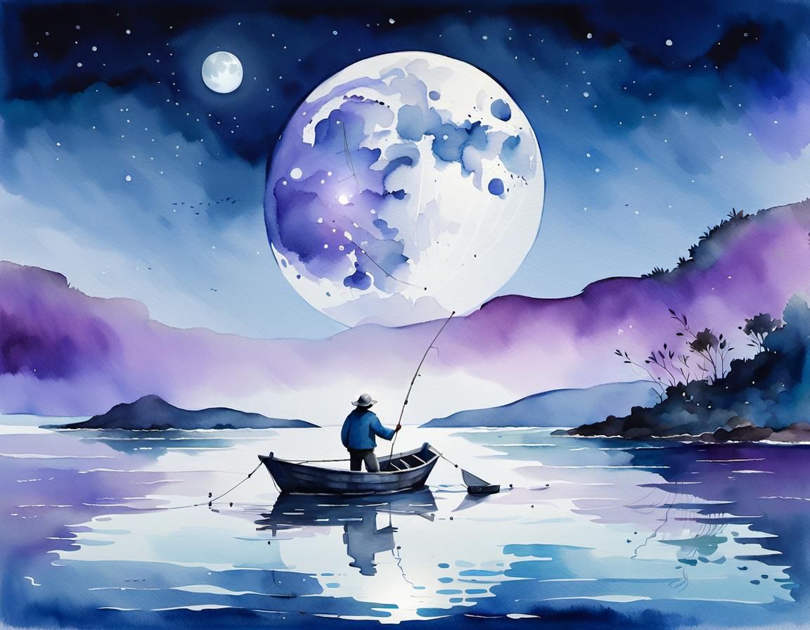 Fisherman at Moonrise: A Watercolor Minimalism Scene
