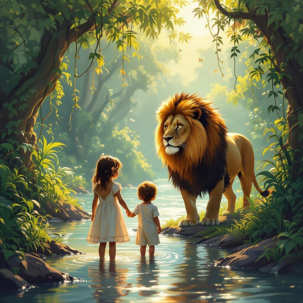 Children and Lion in Jungle Riverside Fantasy