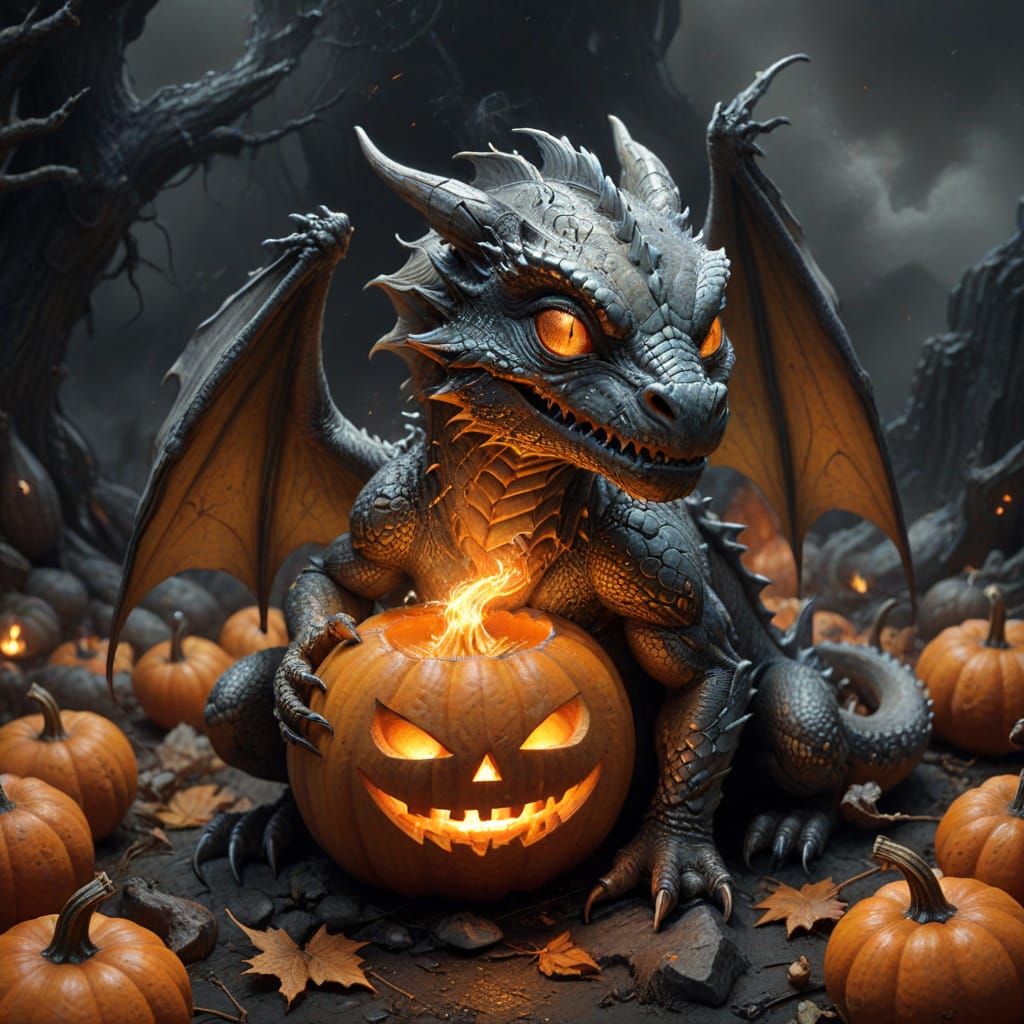 Baby Dragon Emerges From Halloween Pumpkins Graphite Sketch