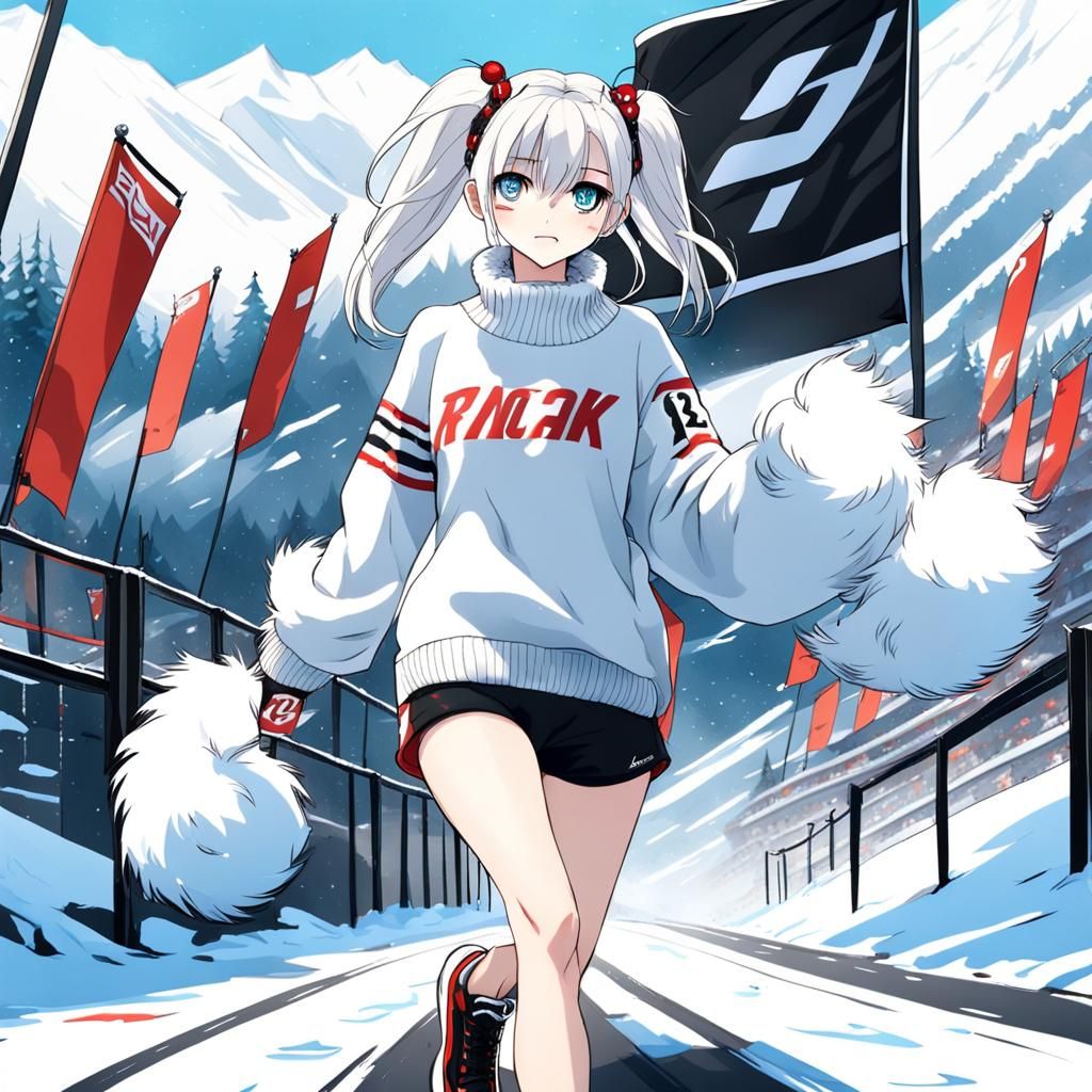 Anime Girl Races on Snowy Winter Track