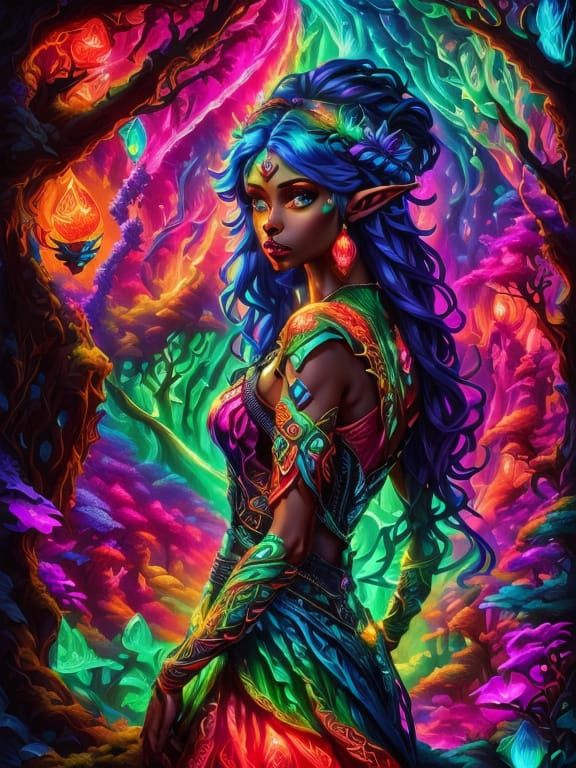 Surreal Fantasy Landscape with Glowing Neon Trees and a Maje...