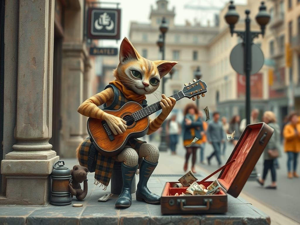 Folk Art Cat Busker Plays Guitar