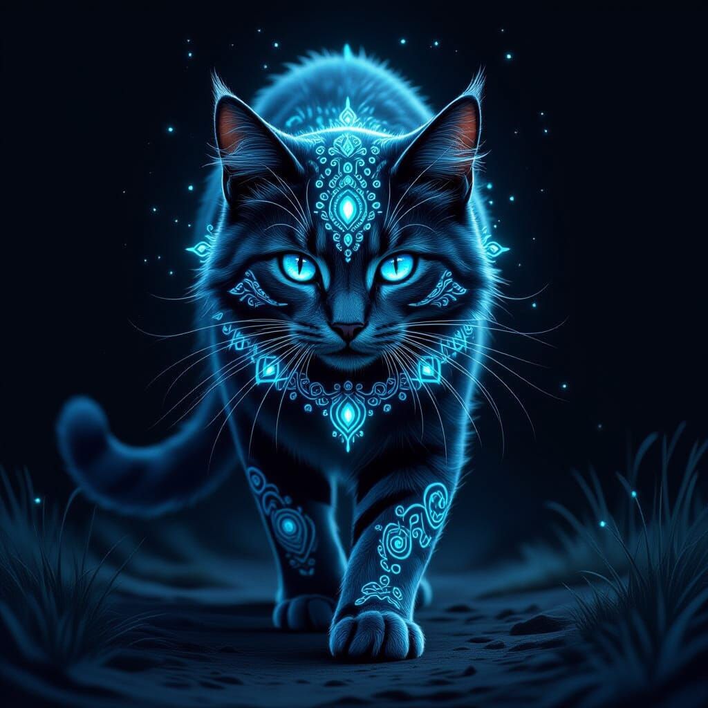 Fantastical Feline with Glowing Turquoise Mandala Patterns