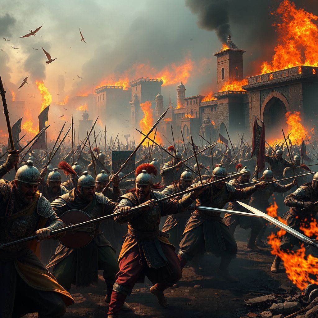 Medieval Warriors Clash with Mongols in Fiery Battle