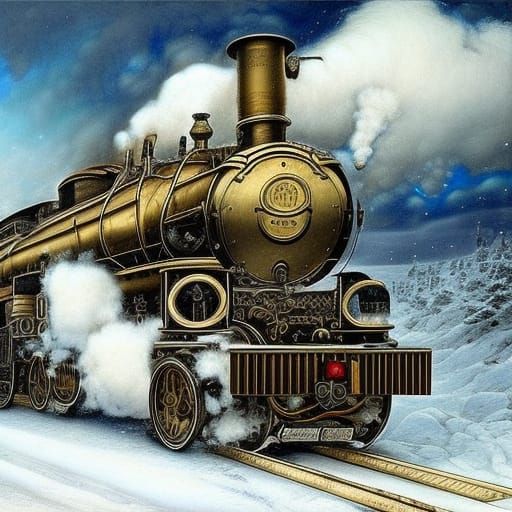 Steam Train in Winter: Hyper-Detailed Grisaille Steampunk