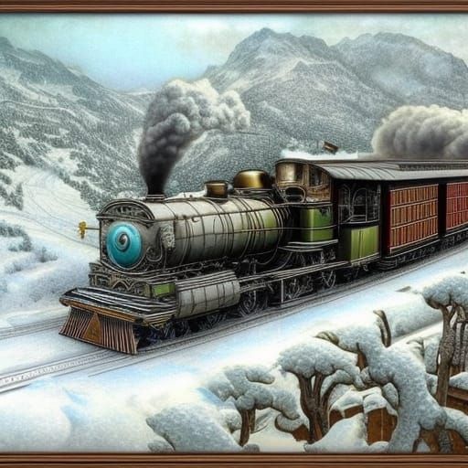 Steam Train in Winter: Detailed Grisaille Scene