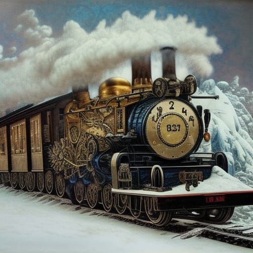Steam Train in Winter: Hyperrealistic Steampunk Style