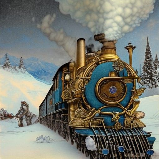 Steam Train in Winter, Hyper-Detailed Steampunk Style