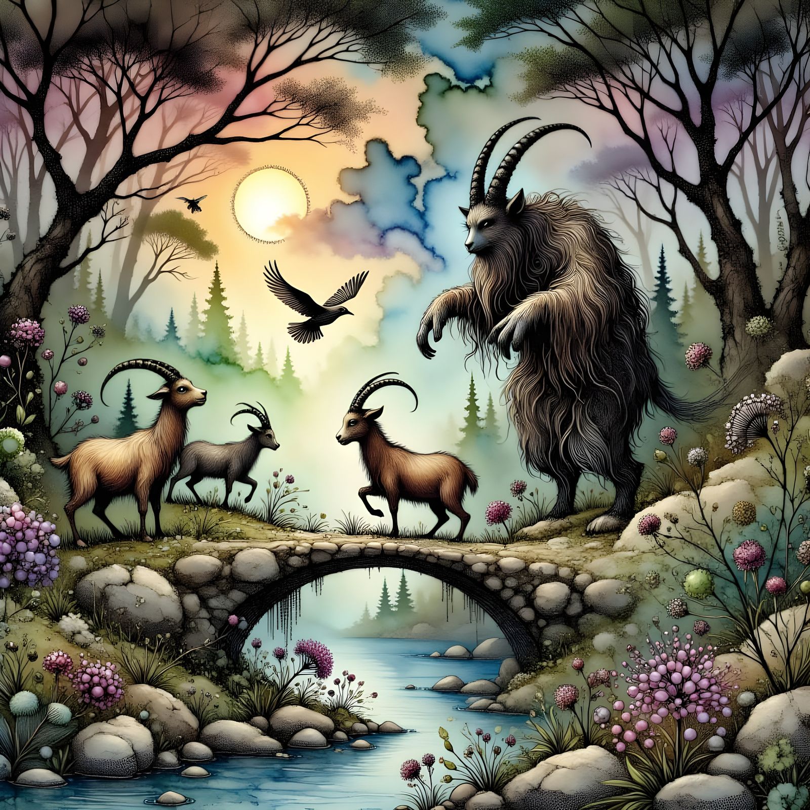 Three Billy Goats Gruff Encounter the Troll Under the Bridge