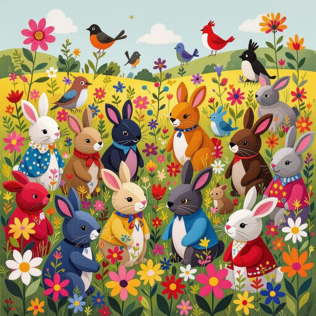 Colorful Felt Animals in Whimsical Field