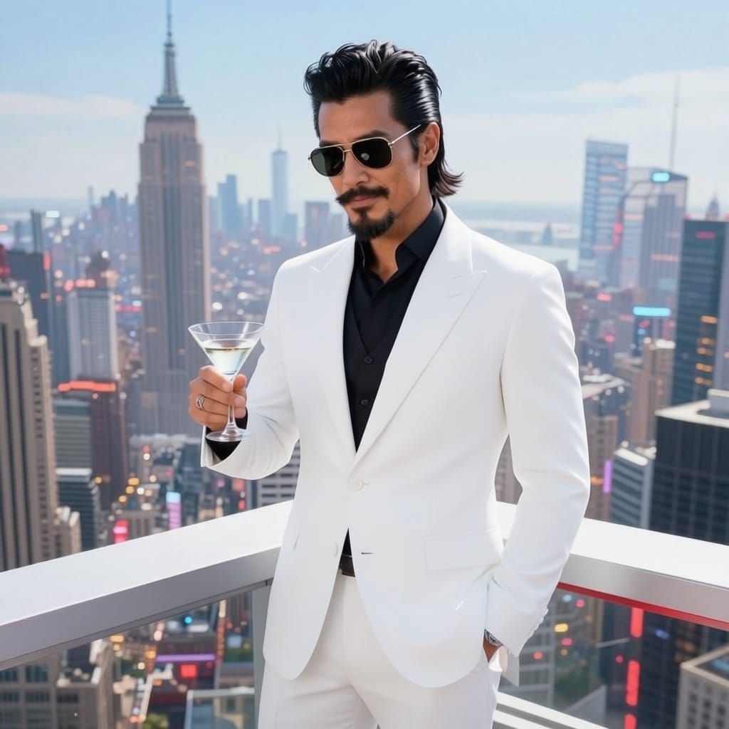 Futuristic Man in Sleek Black Suit with Mullet