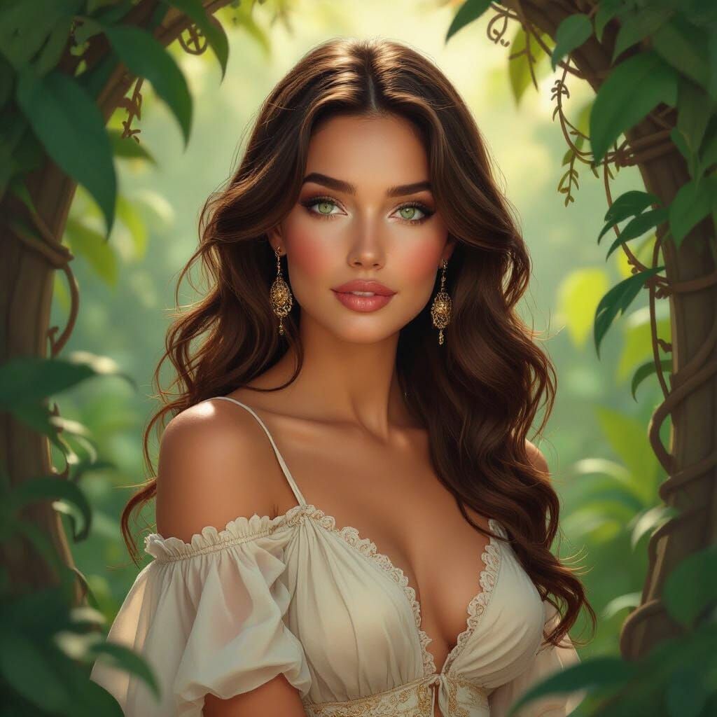 Radiant Woman in Lush Earthly Setting, Art Nouveau Style