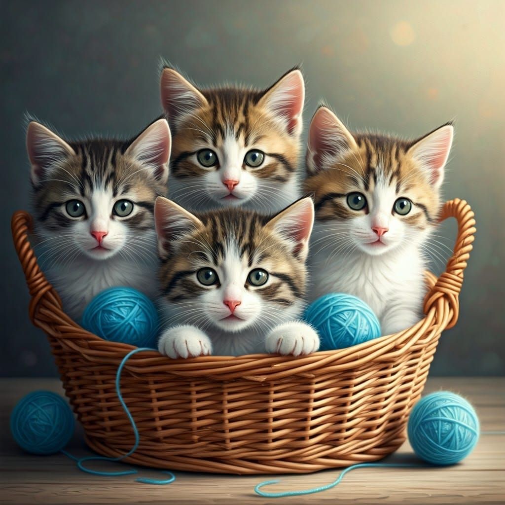Adorable Kittens in Basket, Watercolor Illustration Style