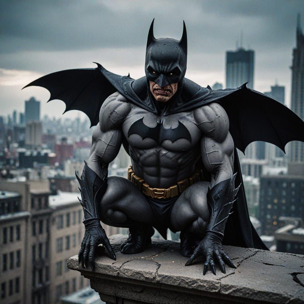 Gothic Zombie Batman Surveying Gotham City from a Haunted Ro...
