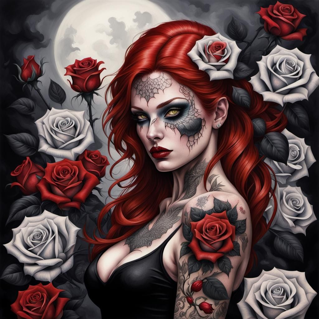 Redhead with Rose Tattoo in Sinister Style