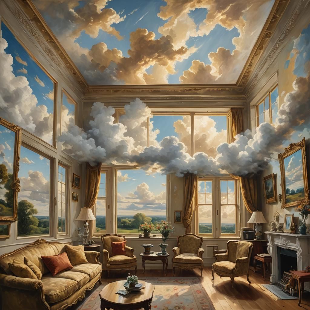 Surreal Clouds Fill Living Room, Oil Painting