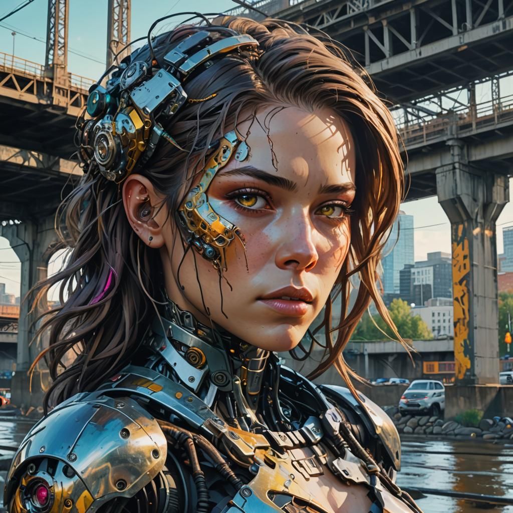 Mechanical Humanoid Woman in Cyberpunk Portland
