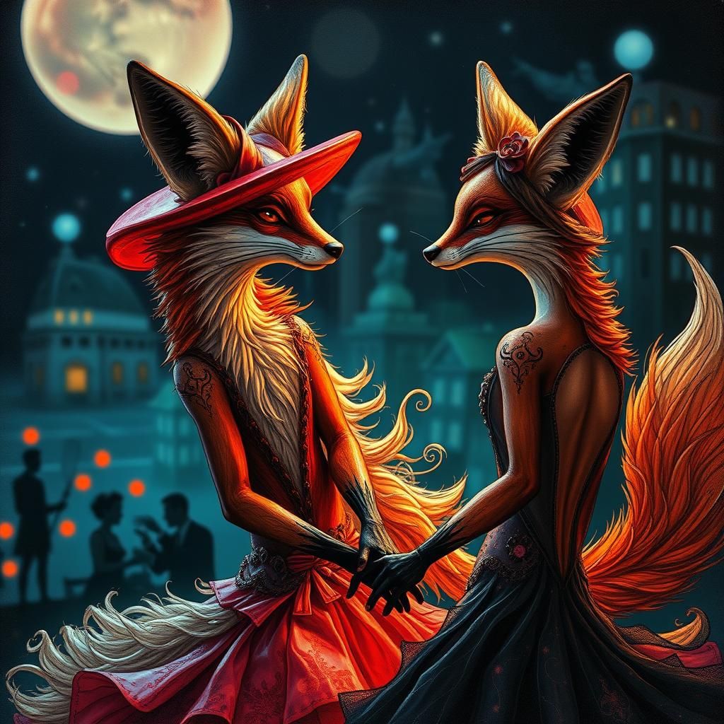 Surreal Fox Dancers in Alcohol Ink Style