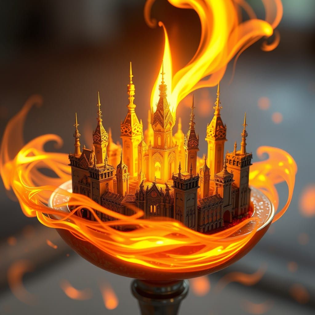 Miniature Cityscape Illuminated by Dancing Flames