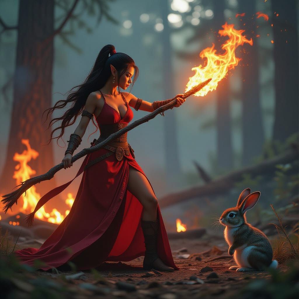 Fiery Elf Druidess Cleansing Woods with Wildfire