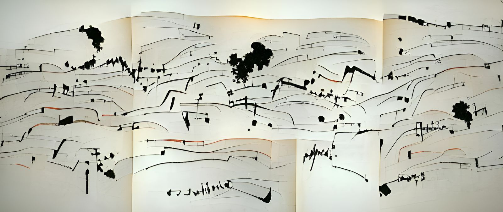 Village Evening: Detailed Ink Drawing with Graphic Elements