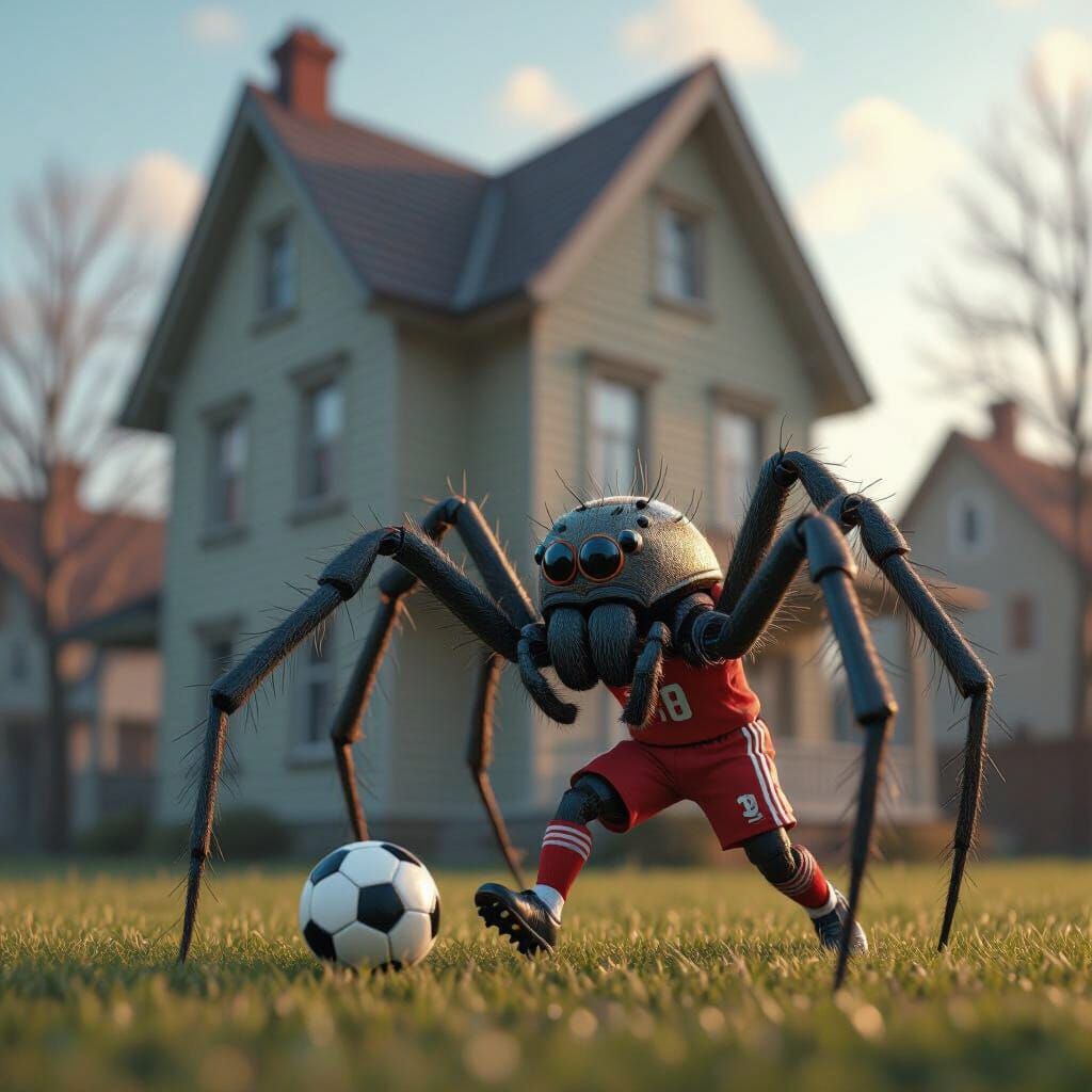 Spider Plays Soccer Before Two-Story House in Realistic Styl...