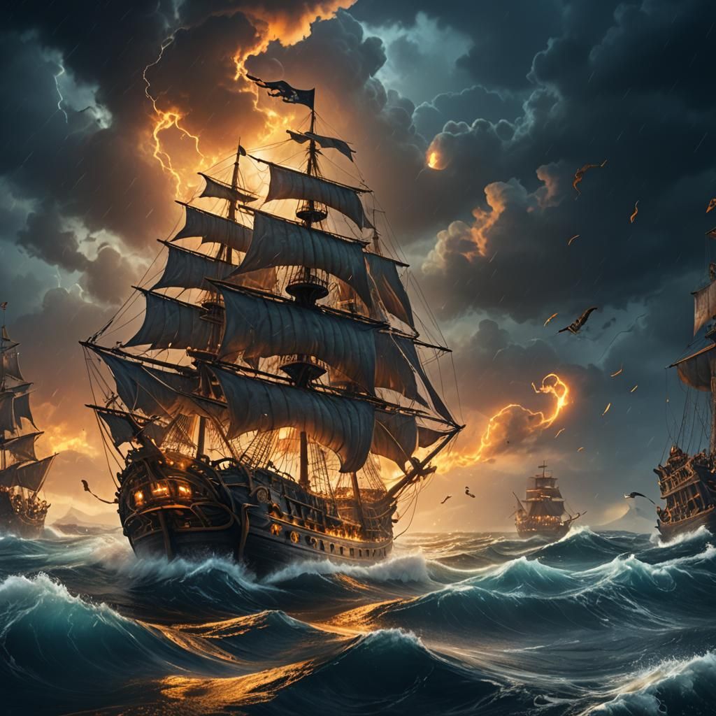 Pirate Ship on Stormy Seas: Fantasy Matte Painting