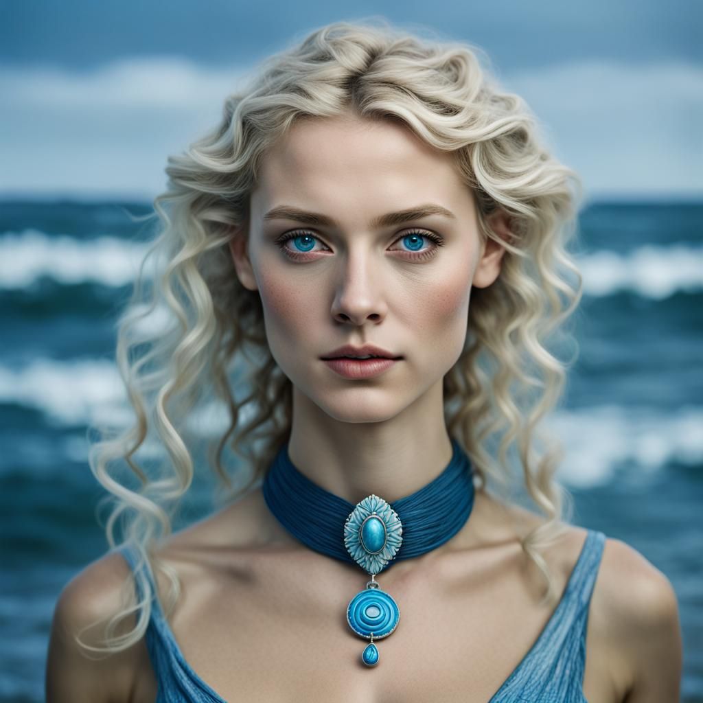 Beautiful Sea Elf Portrait with Blue Amulet