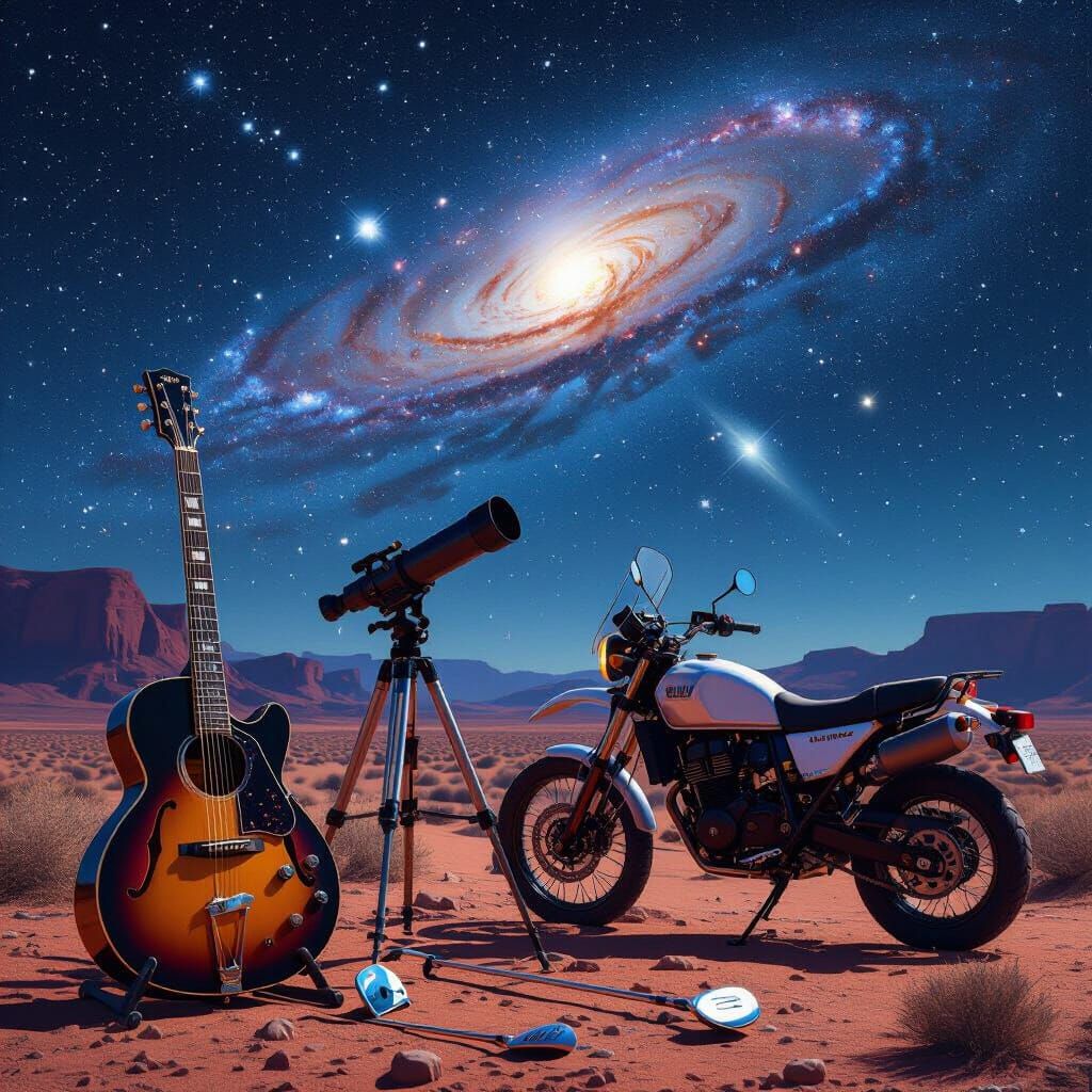 Desert Night Scene with Guitar, Motorcycle, and Galaxy