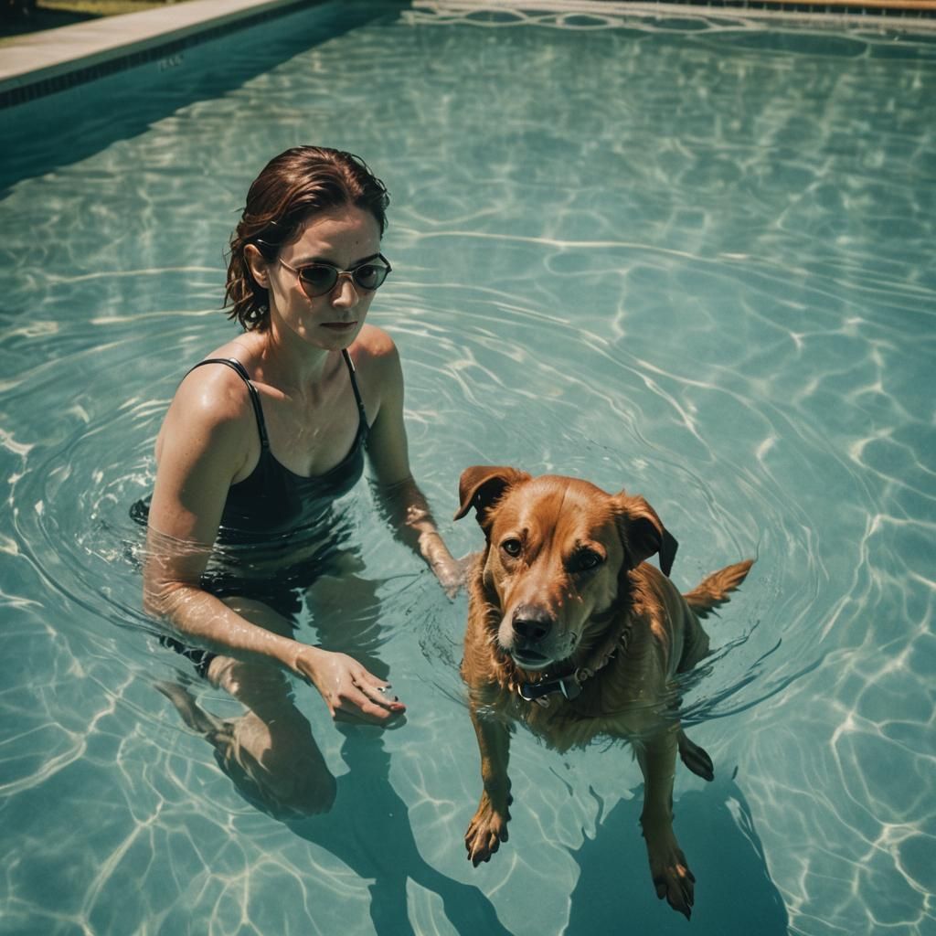Woman and Dog in Pool: Cinematic Film Still