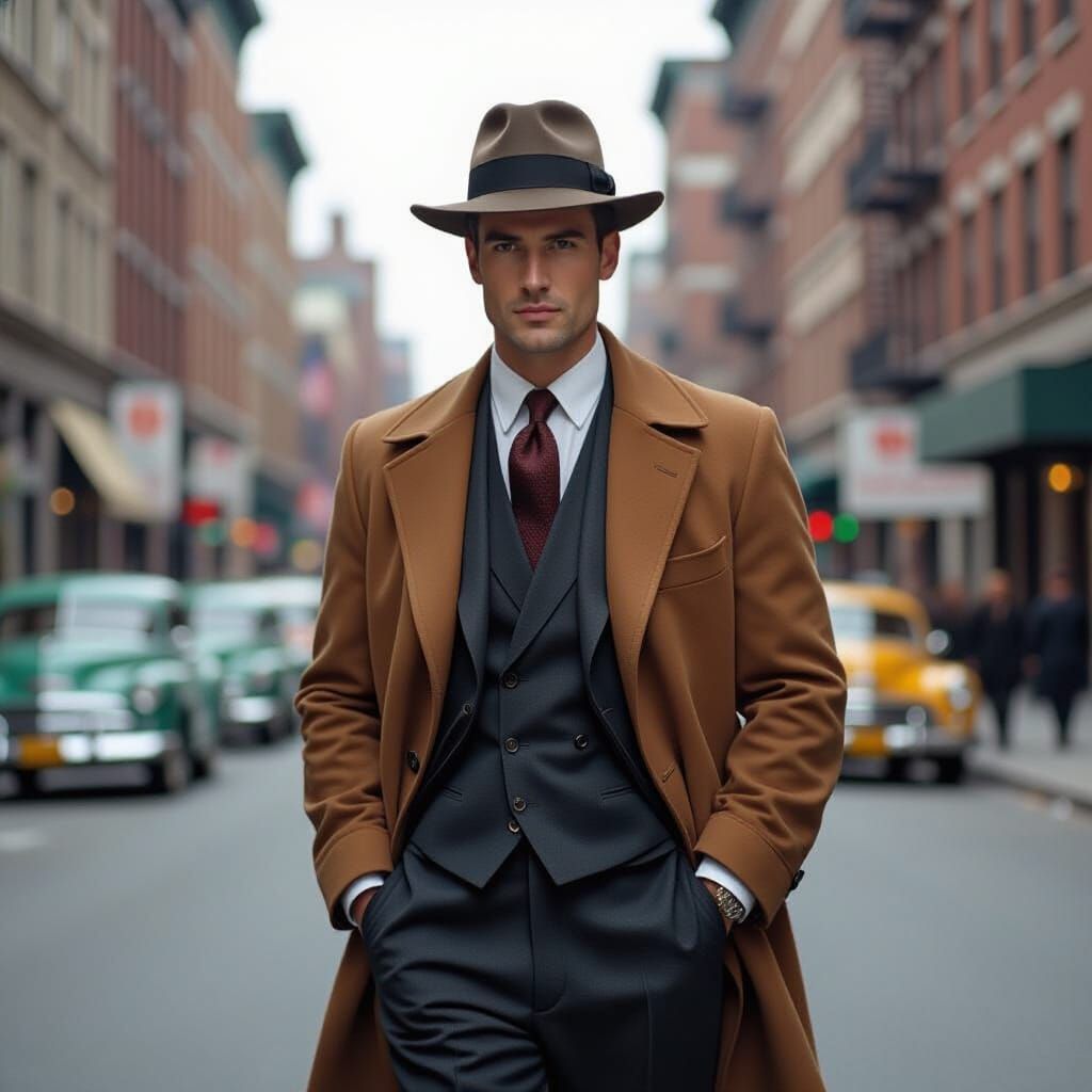 1950s Style Man Walks Down City Street
