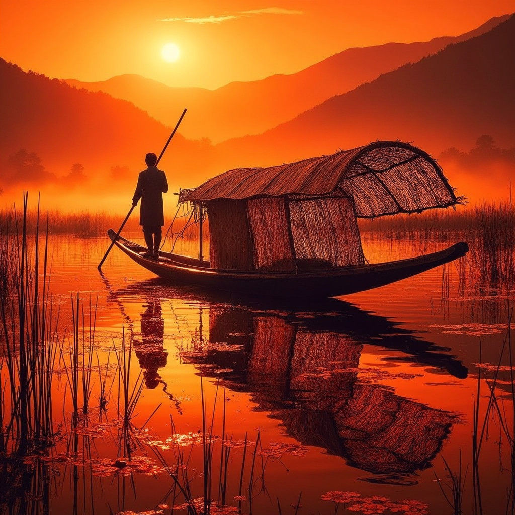 Sunset Silhouette: Junk Boat on Lake in Kashmir