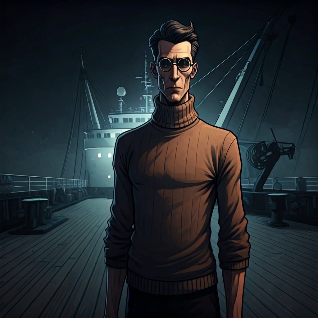 German Man in Turtleneck Sweater, Confident on Modern Fishin...