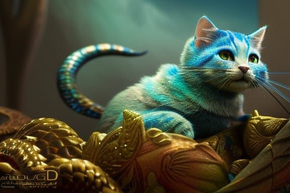 Iridescent Dragon Kitten Hatching, Surreal Digital Art