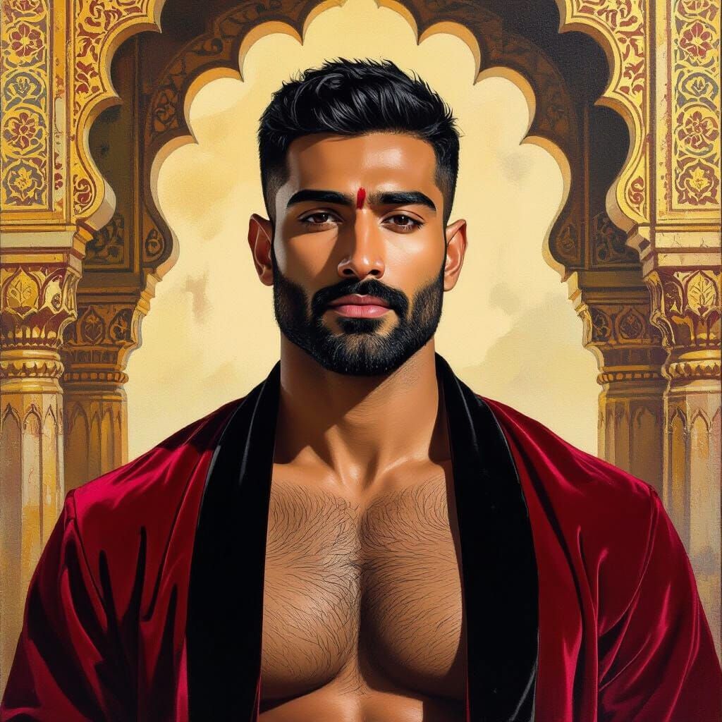 Indian Man in Golden Mosque, Impressionist Gouache Painting