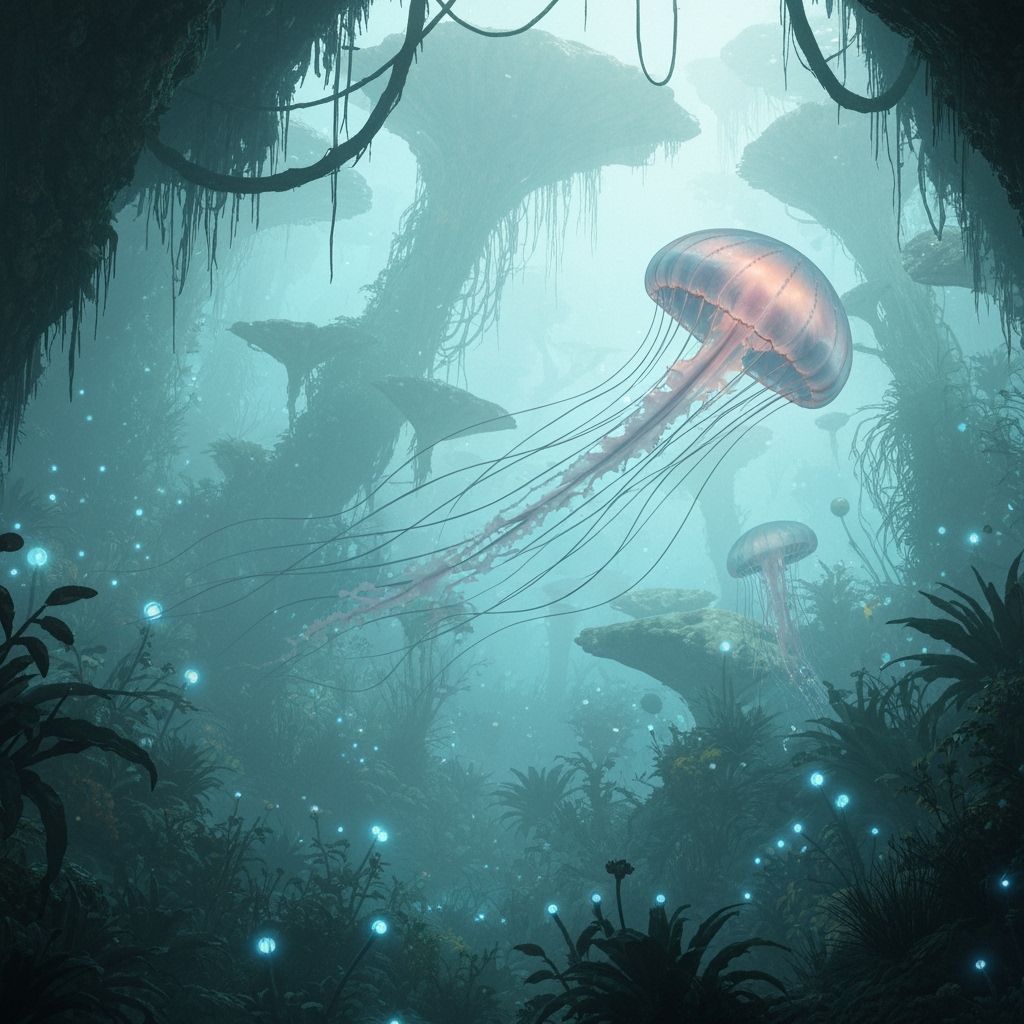 Ethereal Jellyfish in Bioluminescent Alien Jungle