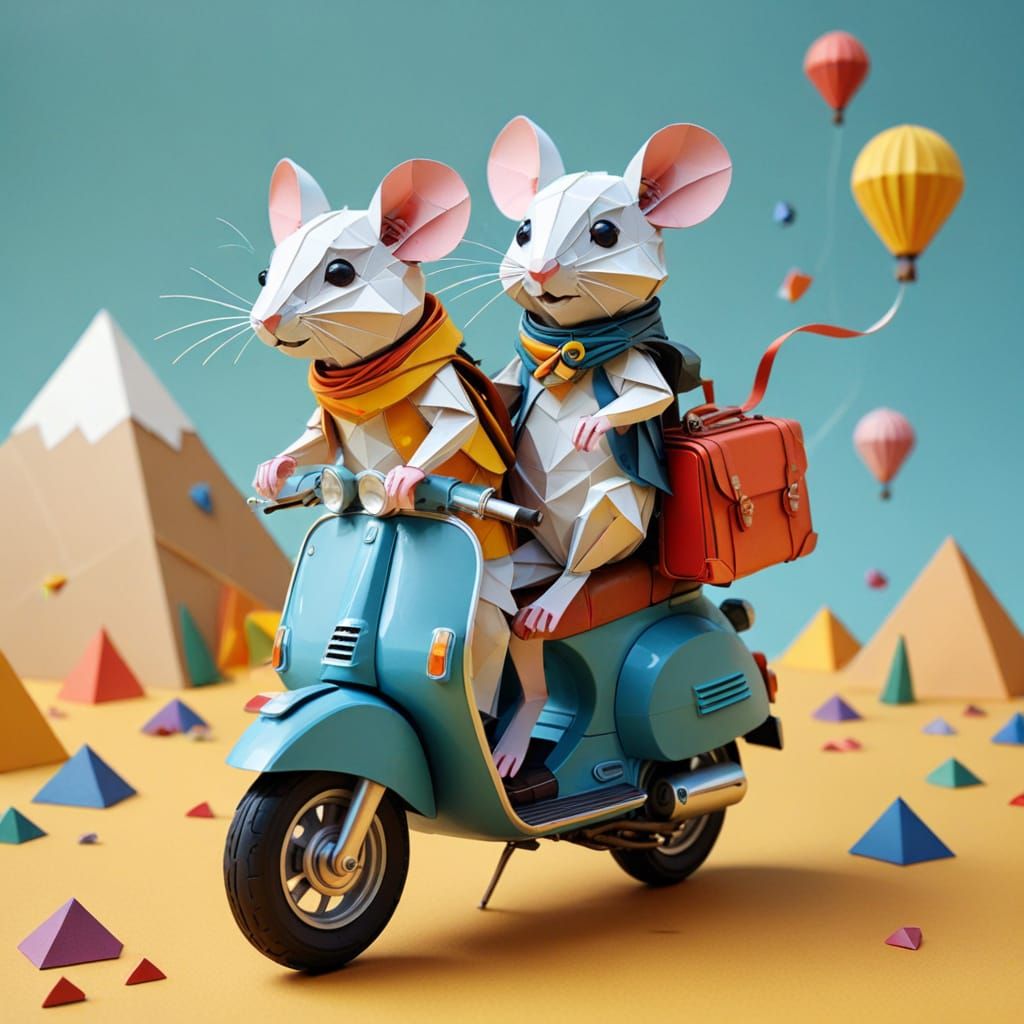 Whimsical Vespa Adventure with Chibi Mice and Luggage