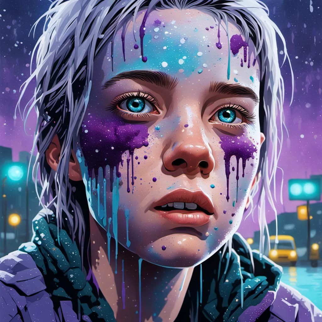 Hyperrealistic Woman's Face with Silver Glitter Splash Art