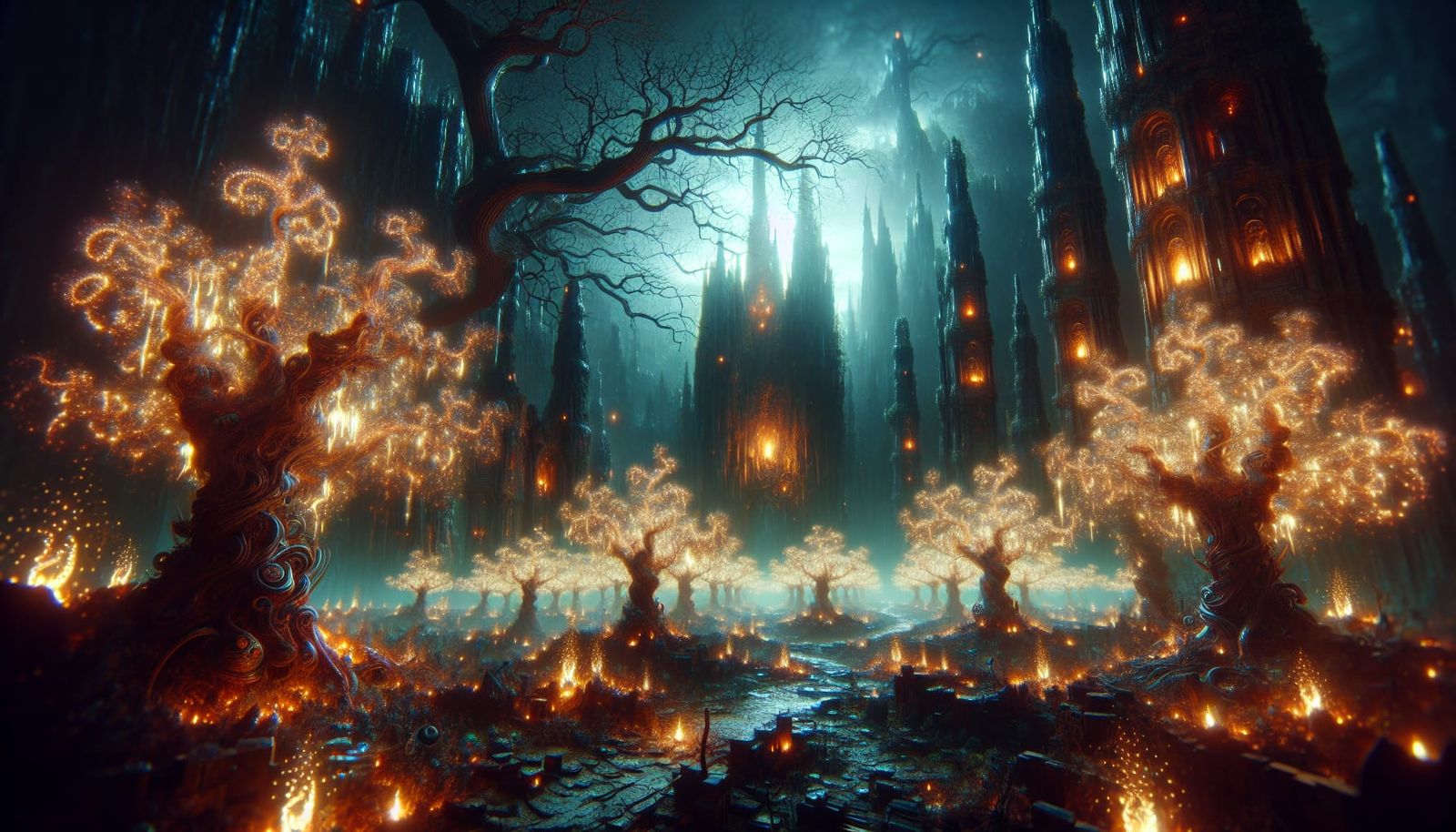 Glowing Mystical Forest with Alien Monsters in Fantasy Lands...