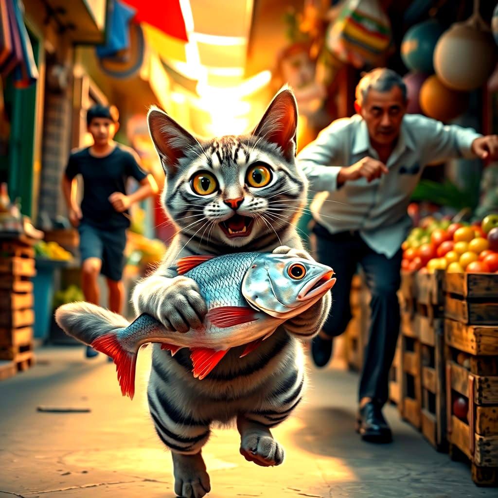 He stole the fish!!! His expression is priceless!